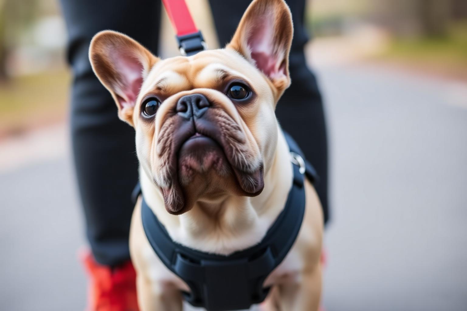 A French Bulldog wearing a harness, which keeps pressure off the airway.