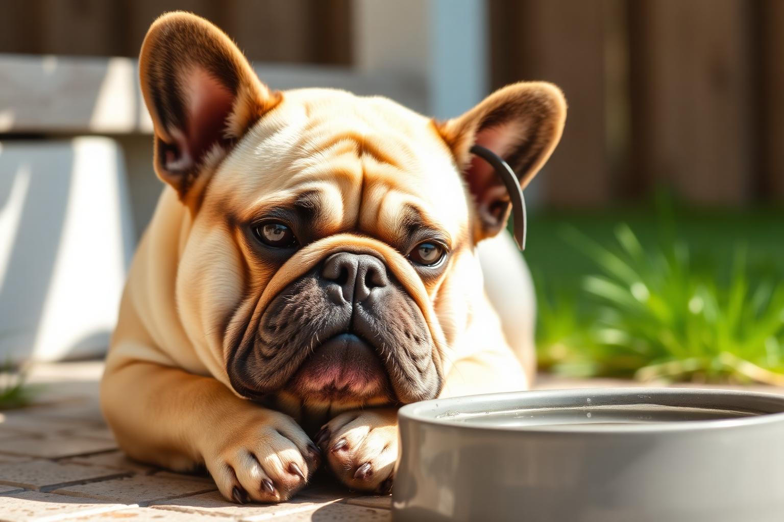 A flat-faced dog cooling off in the shade — heat safety matters for brachycephalic dogs.