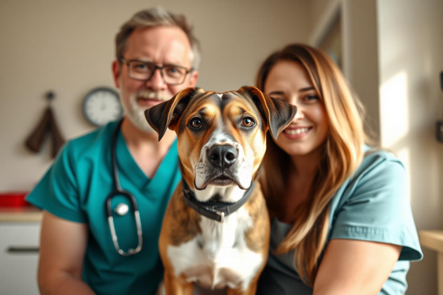 A flat-faced dog with its owner during a relaxed veterinary visit.