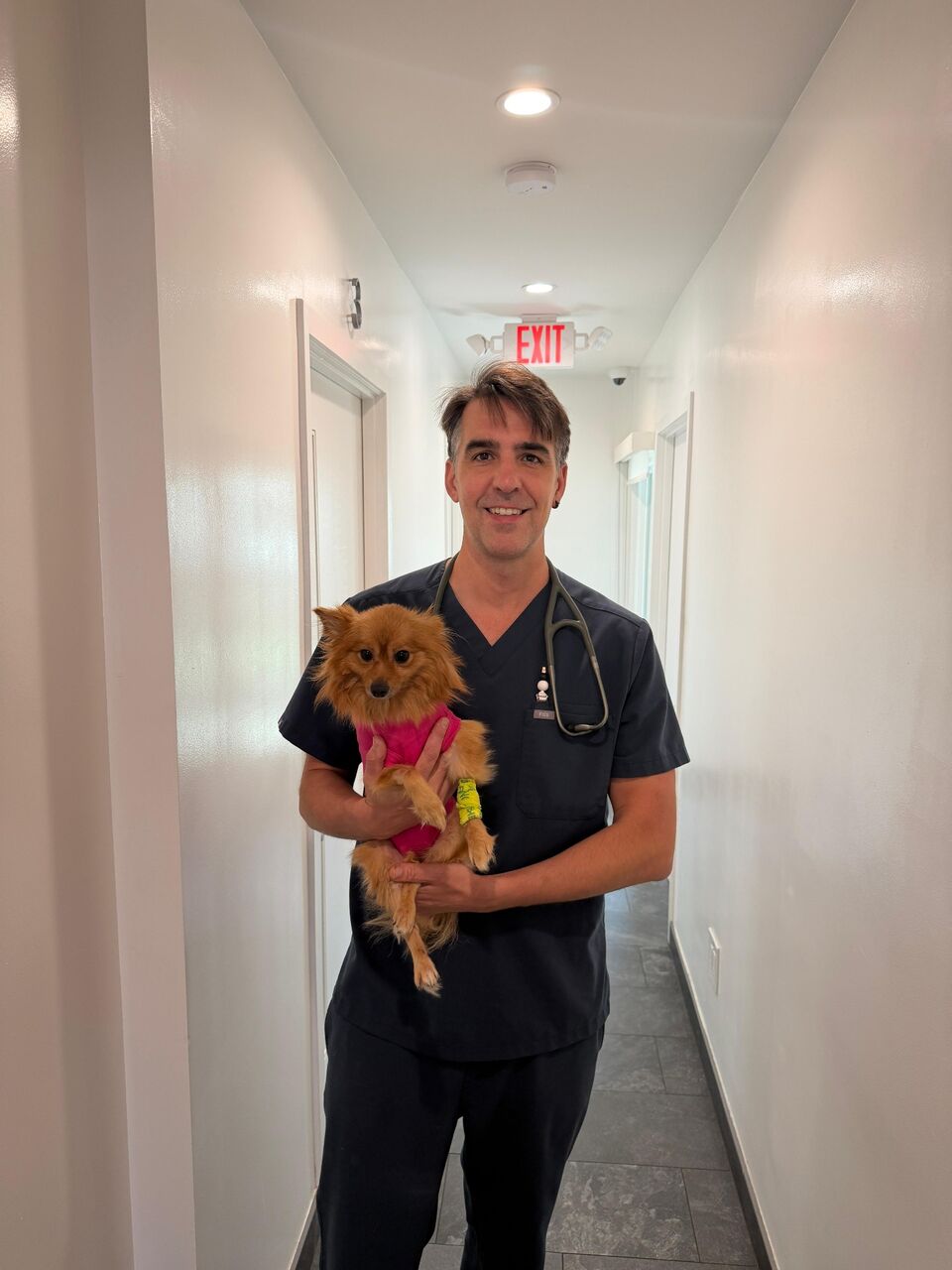 Dr. Pedraza walking a recovering Pomeranian down the clinic hallway