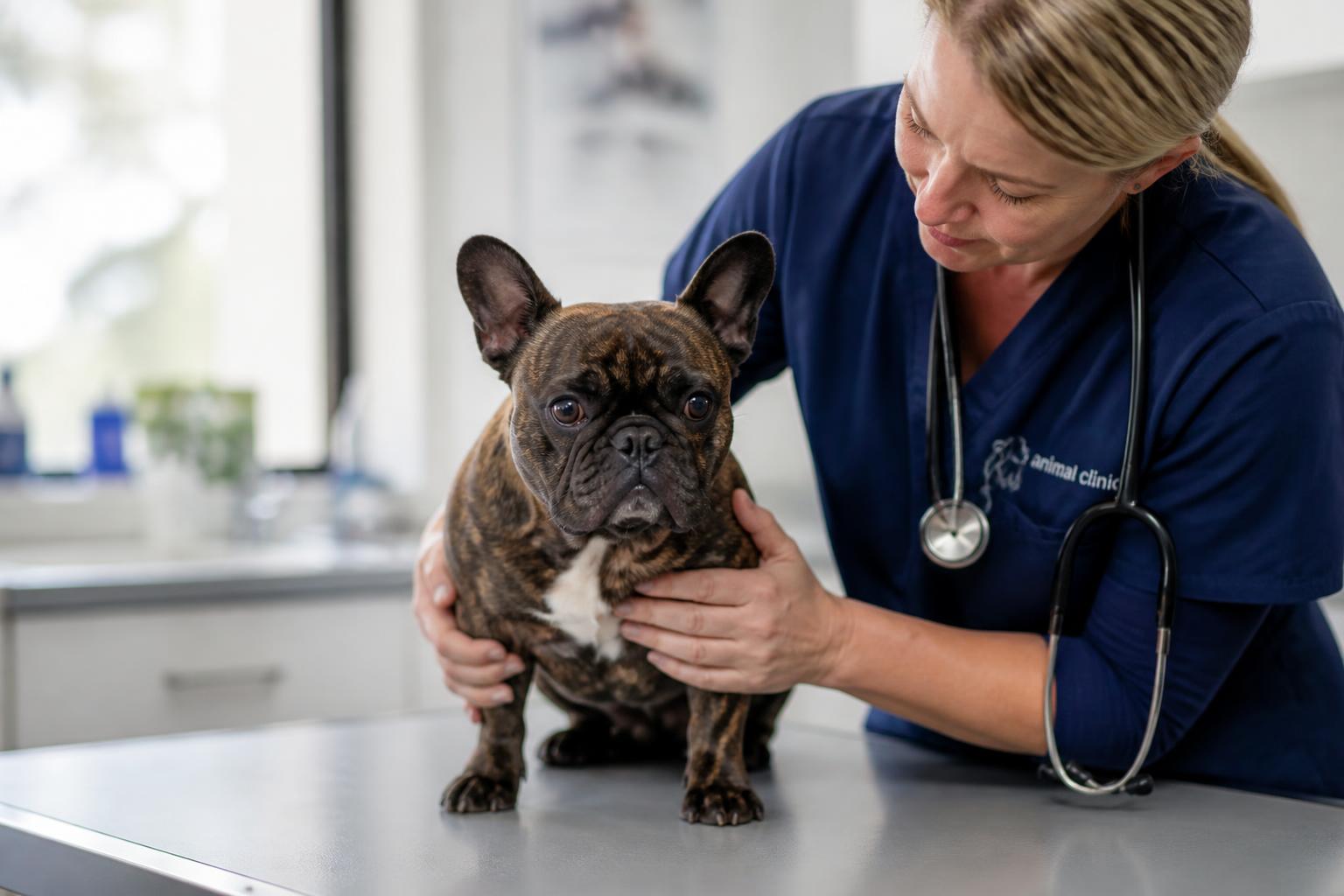 A French Bulldog being examined during a minimally invasive surgery consultation.