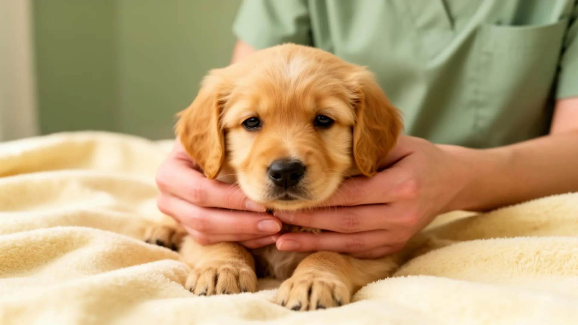 Veterinarian gently cradling a young golden retriever puppy