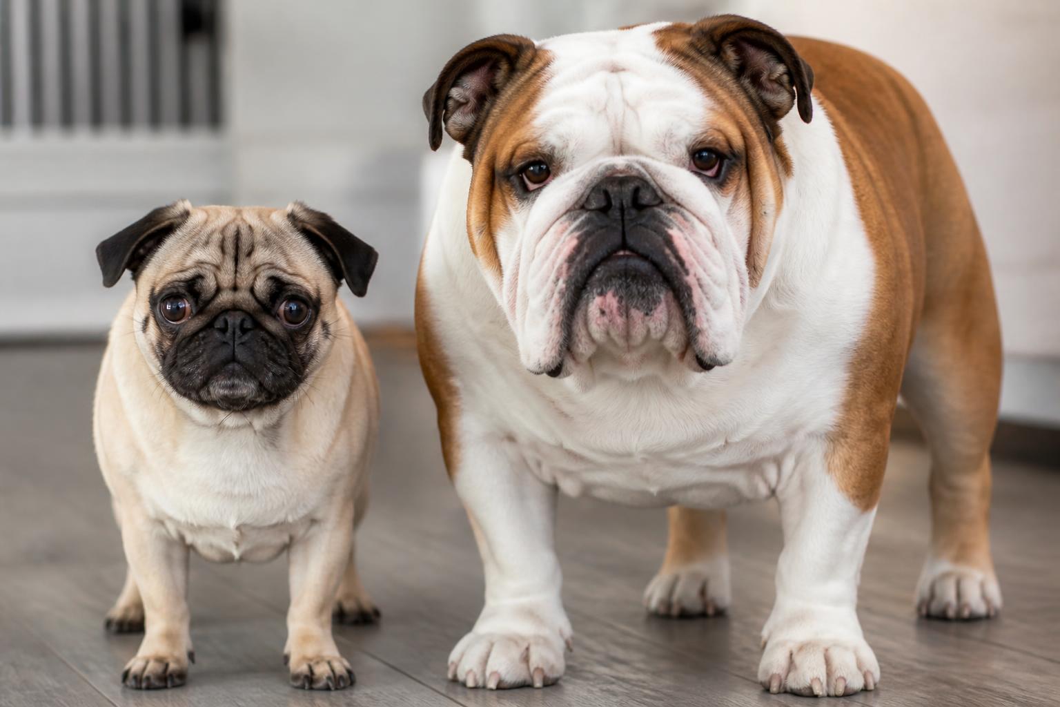Pug and Bulldog \u2014 brachycephalic breeds commonly affected by airway syndrome.