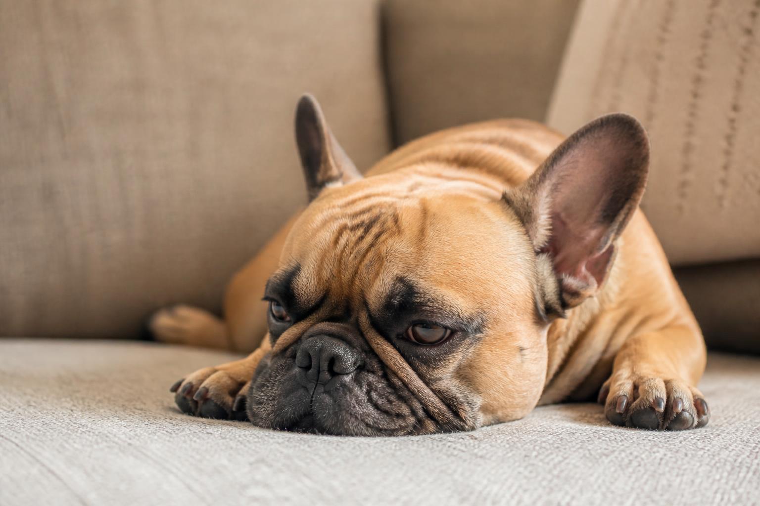 A flat-faced dog resting \u2014 noisy breathing, snoring and overheating can be signs of BOAS.
