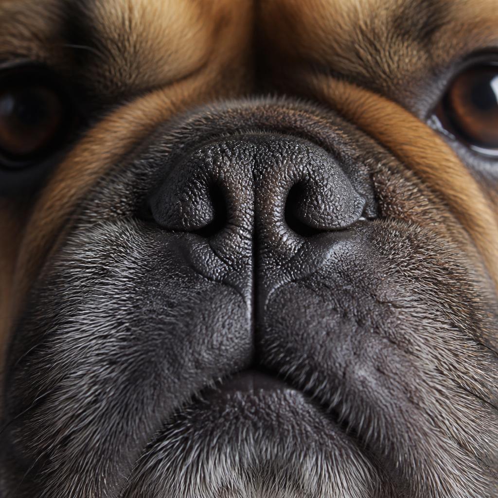 Close-up of a brachycephalic dog's short muzzle and narrowed nostrils.