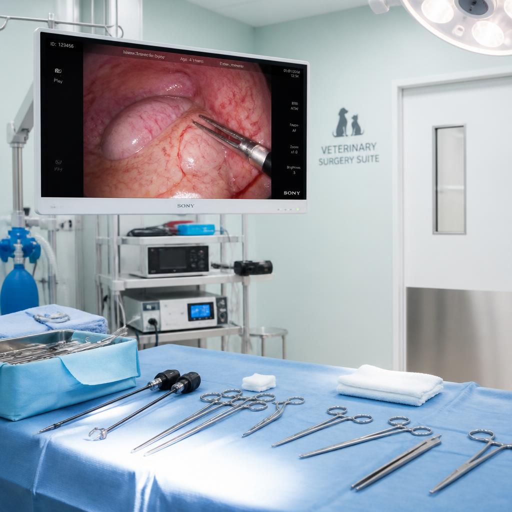 A modern minimally invasive veterinary surgery setting in Santa Monica.