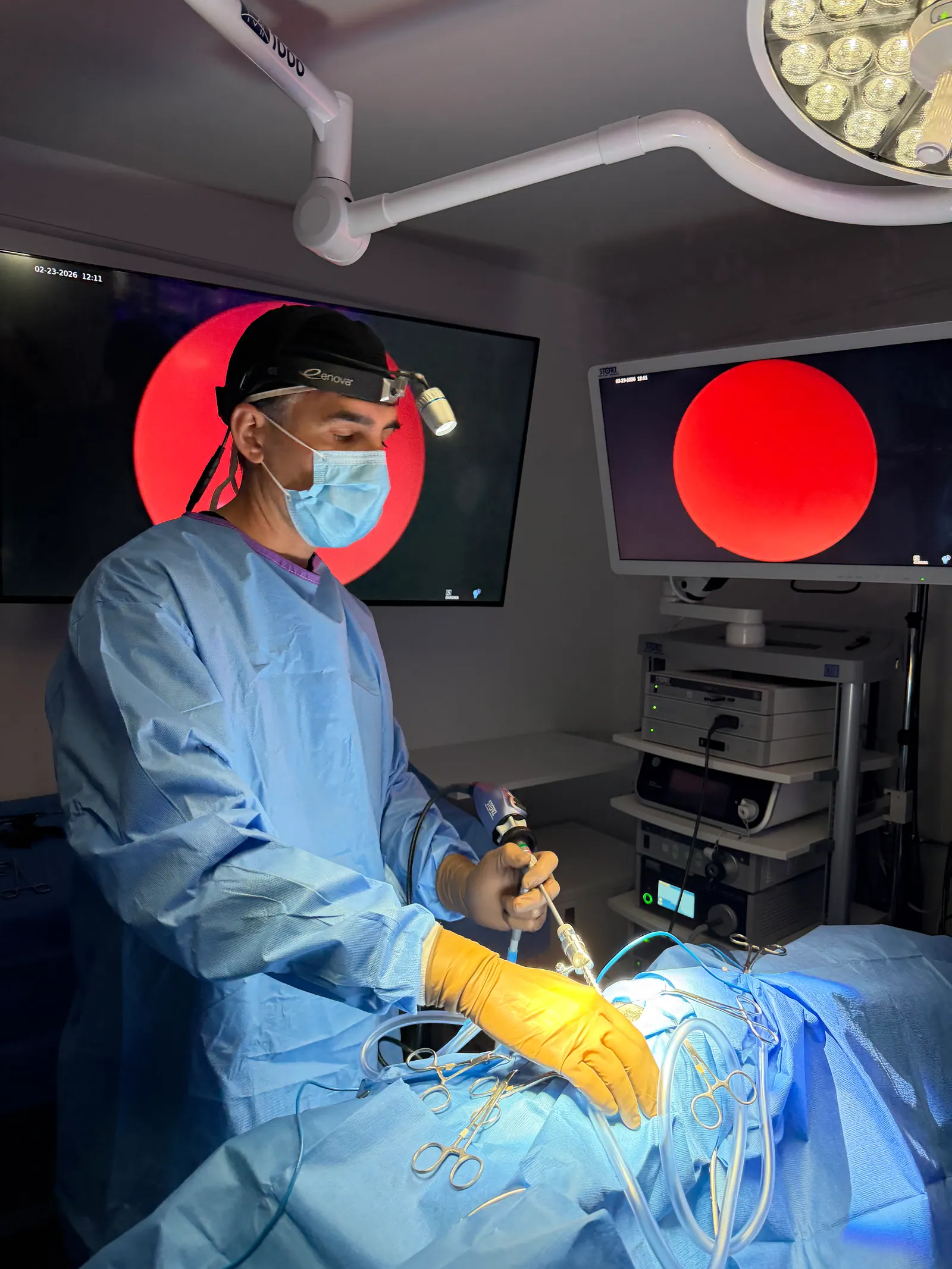 Veterinary surgical team focused on a minimally invasive procedure