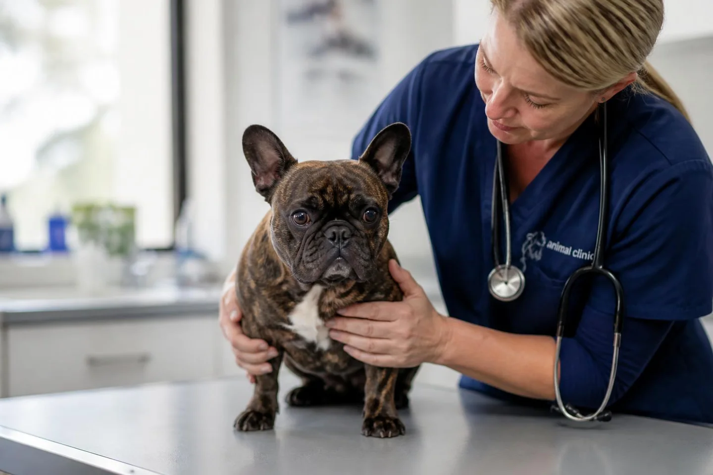 A French Bulldog being examined during a minimally invasive surgery consultation.