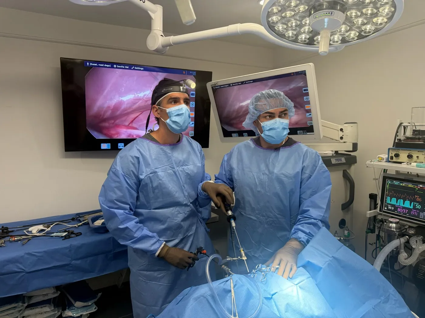 Dr. Antonio Pedraza and a surgical colleague in the minimally invasive operating environment