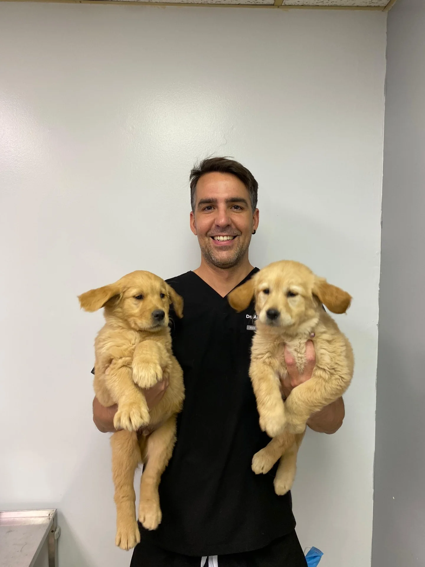 Dr. Pedraza holding two golden retriever puppies