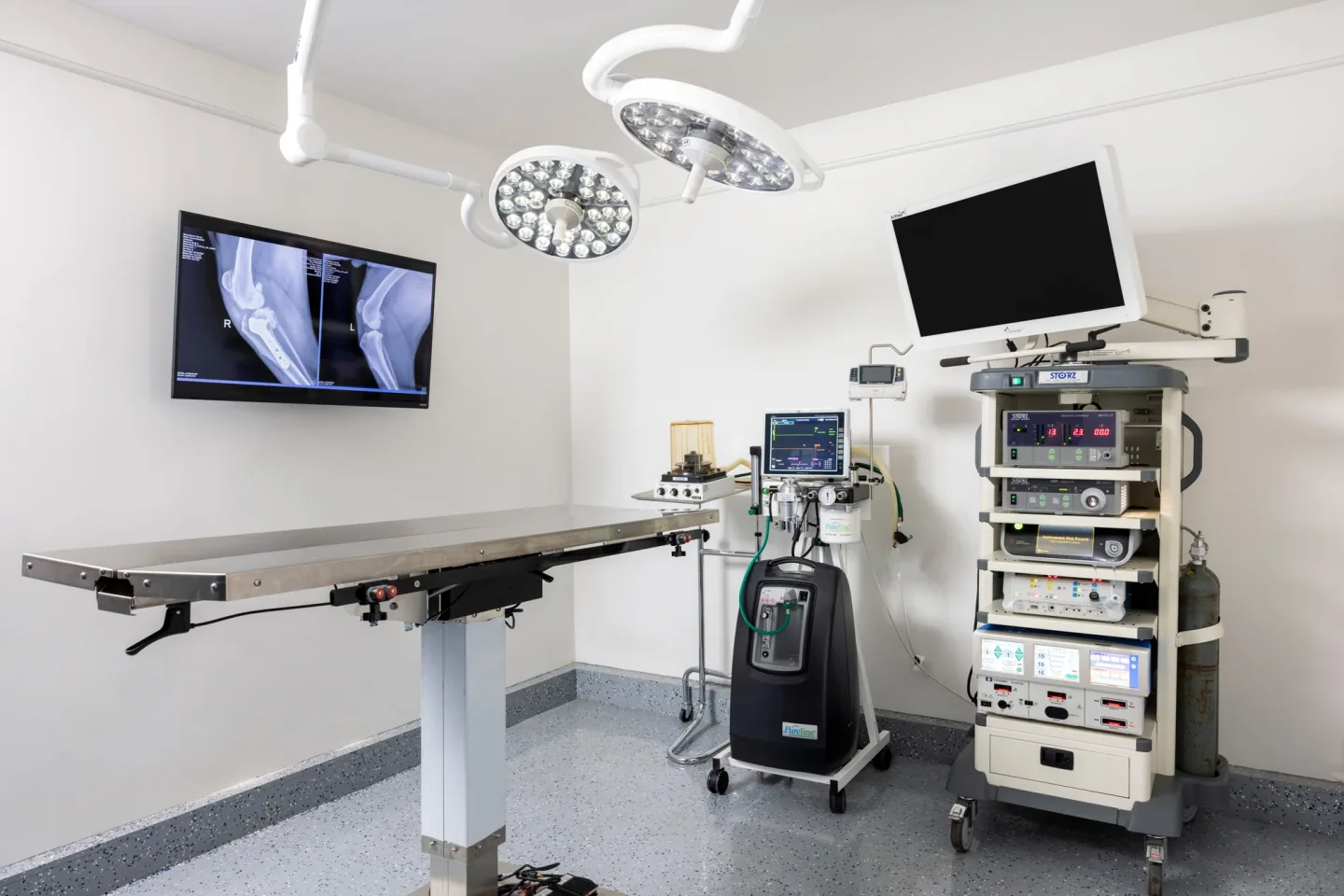 Surgical suite with endoscopy tower, anaesthetic machine and imaging monitor at the Santa Monica clinic