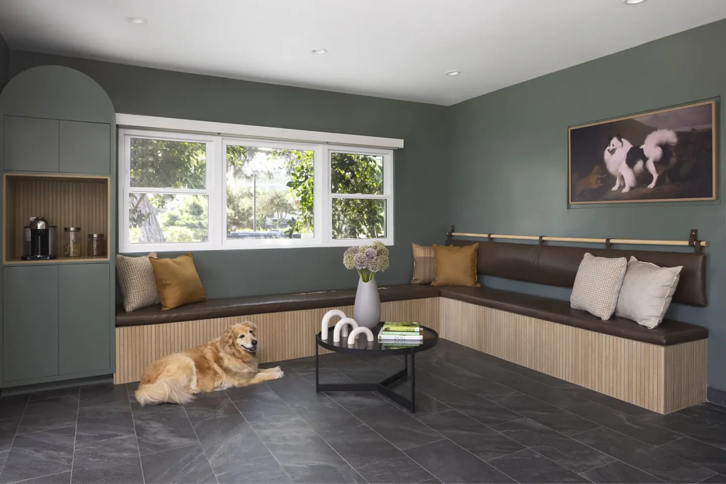 Bench seating in the waiting area of the Santa Monica clinic